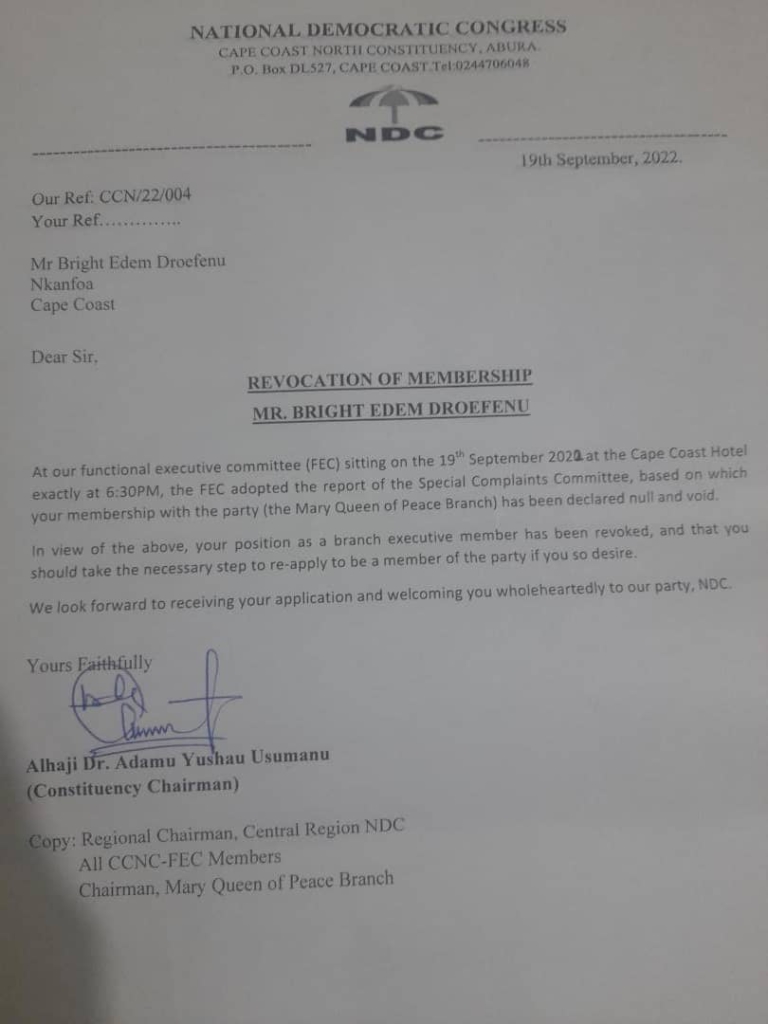 Cape Coast North Constituency NDC revokes membership of former PPP Parliamentary candidate; asks him to re-apply